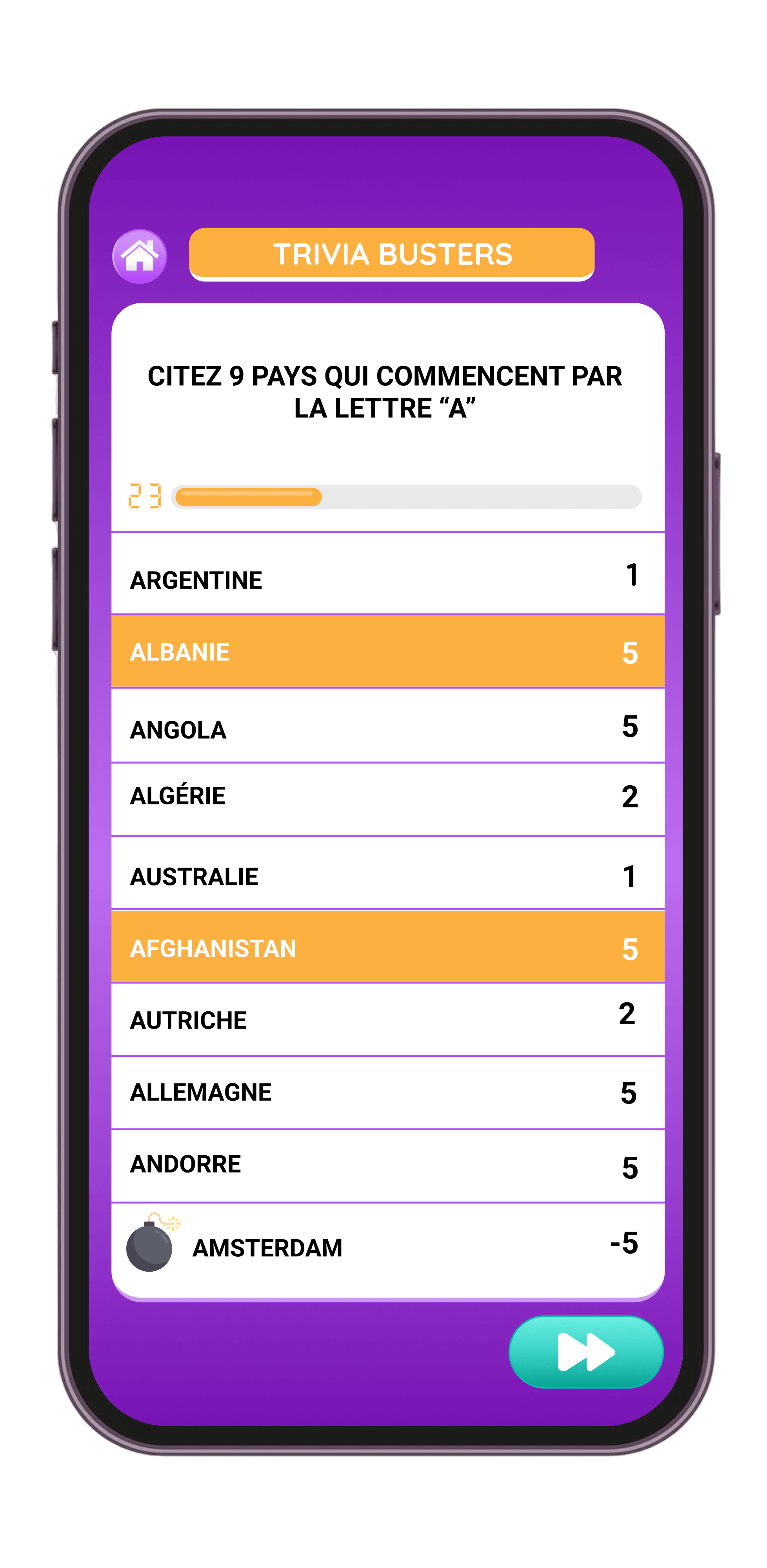 Écran de question : citez 9 pays qui commencent par la lettre « A »